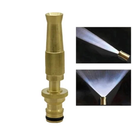 Adjustable brass sprinkler attached to a garden hose, ideal for lawn watering and car wash