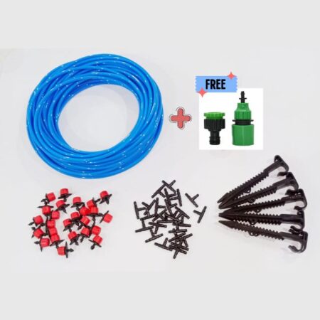 Home Gardening Drip Irrigation Kit with blue pipe, drippers, pipe holders, Te connectors and quick connectors