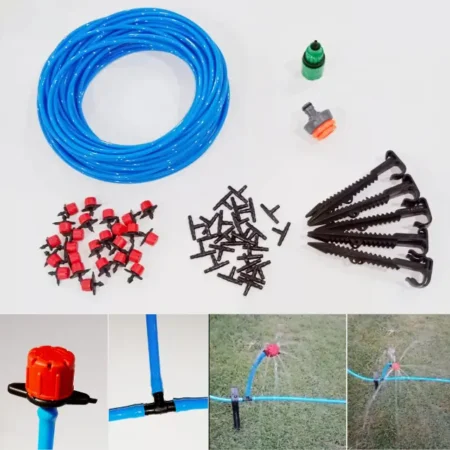 view of drip irrigation system accessories including pipe, red drippers, black T, green quick connectors and pipe holders