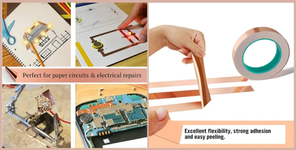 conductive copper foil tape is being use for paper circuit and repairing of electrical connection