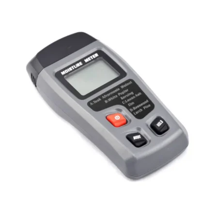 front view of grey digital wood moisture meter - dampness meter