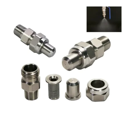 side view of Low Pressure Fine Atomizing SJV-B Full Cone Stainless Steel Nozzle with nozzle tip, retainer, filter and body