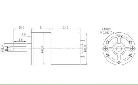 dimensions of front view of High Torque DC Gear Motor GA37RG