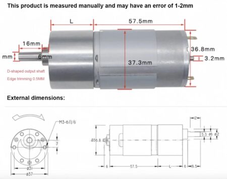 Dimensions of JGB37-555 High Torque 12V DC Gear Motor – Best for Sumo Robot Design & Robotics Competitions