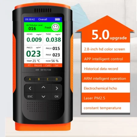 front view with details of PM2.5 Indoor Air Quality Monitor HCHOTVOCPM1.0PM10 AQI Handheld Detector