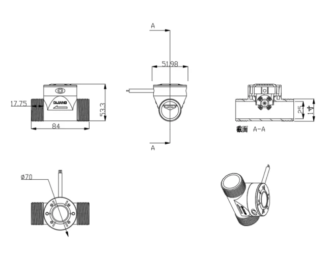 design diagram of ZJSUS-DN25 Stainless Steel Flow Sensor